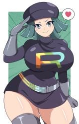 1girls abyss162 belt big_breasts female female_team_rainbow_rocket_grunt gloves green_eyes green_hair hat huge_breasts pokemon rainbow_rocket_grunt skirt team_rocket thick_thighs thigh_highs