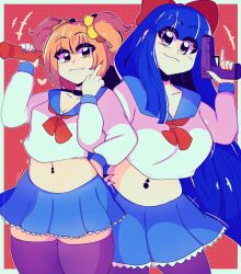 2girls big_breasts blue_hair breasts female flipping_off huge_breasts marysquid middle_finger orange_hair pipimi pop_team_epic popuko tagme thick_thighs wide_hips