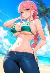 1girls ai_generated bare_arms bare_shoulders beach big_breasts blue_eyes blush bra clothed clothing color female female_focus female_only geo-san geosan hi_res jeans large_breasts light-skinned_female light_skin long_hair looking_at_viewer nami_(one_piece)_(cosplay) one_piece pink_hair rebecca_(one_piece) sand sea shounen_jump solo solo_female tagme thick_thighs water