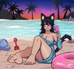 bare_legs barefoot beach big_breasts black_hair black_nails blue_shirt blue_sweater breasts_bigger_than_head bucket cat_ears cat_tail catgirl cleavage foot_focus holding_object ice_cream large_breasts long_hair long_sleeves looking_at_viewer melting_popsicle neciaheda neko no_bra palm_tree palm_trees purple_eyes sand shovel sideboob sitting sitting_on_ground smile starfish teeth thatspookynekogirl thick_thighs twitch virtual_youtuber vtuber water