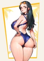 1girls ass ass ass_focus back back_view bare_arms bare_legs bare_shoulders bare_thighs big_ass big_breasts big_butt black_hair blue_eyes clothed clothing color female female_focus female_only hi_res large_breasts light-skinned_female light_skin long_hair looking_at_viewer nico_robin nipples_visible_through_clothing one-piece_swimsuit one_piece shounen_jump solo solo_female swimwear tagme thick_thighs xdtopsu01