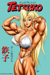 abs biceps big_breasts big_muscles bikini blonde_hair breasts dcmatthews female green_eyes hair large_breasts long_hair muscles muscular_arms muscular_female muscular_legs muscular_thighs pecs tetsuko