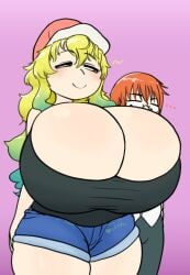 2girls breasts_bigger_than_head delt huge_breasts kobayashi looking_back miss_kobayashi's_dragon_maid multiple_girls quetzalcoatl_(dragon_maid) tagme