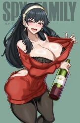 1girls ass ass bare_shoulders big_ass big_breasts big_butt black_hair blush bra clothed clothing color drunk english_text excited female female_focus female_only hi_res large_breasts light-skinned_female light_skin long_hair looking_at_viewer nez-box open_mouth red_eyes solo solo_female spy_x_family stockings tagme text thick_thighs undressing wine wine_bottle yor_forger