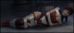 1girls 3d bondage bound bound_arms bound_legs bound_wrists bsfd leotard lord_kamski mortal_kombat mortal_kombat_11 red_leotard skarlet tape_gag