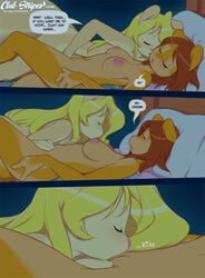 bed big_breasts blonde_hair breasts brown_hair clubstripes comic cream_(miu) cunnilingus dialog female fingering hair miu oral oral_sex peaches_(miu) pillow pussy sex suckling text vaginal_penetration yuri