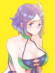 1girls alternate_costume bikini black_hair blue_eyes breasts choker circlet cleavage commentary feather_hair_ornament feathers female female female_only fire_emblem fire_emblem_awakening fire_emblem_heroes green_bikini green_choker green_swimsuit hair_ornament halterneck large_breasts looking_at_viewer nintendo noire_(fire_emblem) noire_(summer)_(fire_emblem) official_alternate_costume solo summer swimsuit upper_body yellow_background zbrk