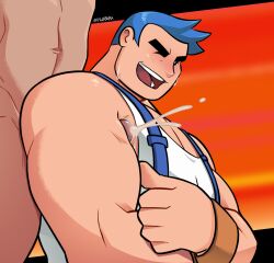 advance_wars armpit_fetish armpit_sex balls bara blush boner cum erection gay male male_only max_(advance_wars) muscles muscular nude one_eye_closed orgasm penis tank_top vvulfbara