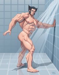 abs armpit_hair bara biceps d-prime248 daddy ilovefsushi logan_(x-men) love_sushi male male_nipples male_only manly marvel marvel_comics mature_male muscular_male nipples nude pecs showering wolverine_(x-men) x-men