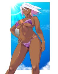 1girls belly_chain bizen_sayoko breasts clothed curryman_(zxxk) dark-skinned_female dark_skin earrings feet_out_of_frame female holding_ball large_breasts leopard_print purple_bikini purple_eyes revision slut_girl solo standing underboob white_hair