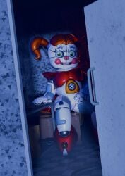 2024 3d 3d_(artwork) absurd_res animatronic baby_(fnafsl) bodily_fluids circus_baby circus_baby_(fnaf) circus_baby_(original) commission digital_media_(artwork) female five_nights_at_freddy's full_color genital_fluids green_eyes hair hi_res humanoid joints looking_at_viewer machine masturbation opening_door red_hair robot scottgames solo solo_female vaginal_fluids walk-in wet white_body zxxxarts