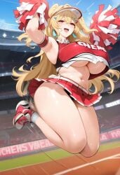 ai_generated bare_legs blonde_hair cheerleader gigantic_breasts goddess_of_victory:_nikke huge_breasts huge_thighs light-skinned_female light_skin looking_at_viewer massive_breasts moriaaa pink_eyes pom_poms smiling solo_female thick_body thick_female thick_thighs thighs twintails voluptuous voluptuous_female