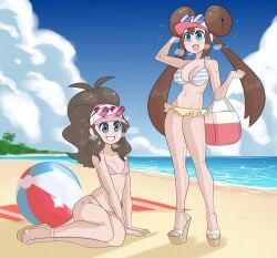 2girls ambiguous_gender beach beach_ball beach_towel big_breasts bikini blue_eyes brown_hair cosplay female_only full_body_suit game_freak high_heels hilda_(pokemon) kigurumi long_hair mask nintendo outdoors platform_heels pokemon rosa_(pokemon) sealguy seam_(sewing) sunglasses swimsuit twintails two_piece_swimsuit visible_breath wedge_heels