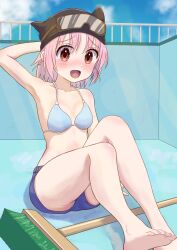 ass bikini female gakkou_gurashi! hat looking_at_viewer pink_hair red_eyes sitting takeya_yuki