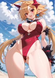 1girls 2d ai_generated beach big_breasts blonde_hair demon demon_girl demon_horns disgaea disgaea_rpg earrings leotard lucy_(disgaea_rpg) nippon_ichi_software red_eyes red_leotard short_hair smile solo tagme