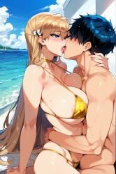 1boy 1girls 2d ai_generated bikini blonde_hair embrace gold_bikini kissing long_hair mariana_princilla micro_bikini reco_love sea seaside tagme