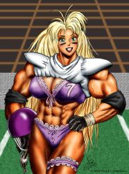 abs biceps big_breasts big_muscles blonde_hair breasts dcmatthews female green_eyes hair large_breasts long_hair muscles muscular_arms muscular_female muscular_legs muscular_thighs pecs tetsuko