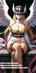 ai_generated angel angel_wings angewomon arm_support artist_name asymmetrical_clothes bare_shoulders belt black_background blonde_hair breasts character_name cleavage closed_mouth clothing copyright_name covered_eyes crossed_legs detached_collar digimon digimon_(creature) digimon_adventure elbow_gloves facing_viewer feathered_wings feet_out_of_frame female female_only footwear gloves head_wings headwear helmet highleg jousneystudio large_breasts leotard lips long_hair looking_at_viewer navel o-ring patreon_username sitting solo thigh_strap thighs very_long_hair watermark web_address white_gloves white_wings winged_helmet wings