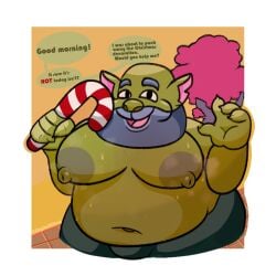 alien background beard big_hands blue_beard bulge candy_cane chubby_belly chubby_male claws dad_bod digitalkibou farlands green_skin hairy_chest indie_game musk musk_clouds musky nipples oola_(farlands) open_mouth sweat sweating text text_bubble tree