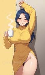 1girls ai_generated arm_up big_breasts big_breasts big_breasts blue_hair blue_pubic_hair blush blush blush_lines blushing_at_viewer breasts breasts breasts brown_eyes coffee coffee_cup coffee_mug collared_dress dress earrings female female female female_focus female_only girl holding holding_cup holding_object hot_coffee hot_liquid jorgecarlosai long_hair mature mature_female mature_woman milf milfs nail_polish pubic_hair revealing revealing_clothes revealing_outfit sexy_dress showing_pussy showing_vagina simple_background steam steamy turtleneck wall wall_(structure) watermark yellow_background yellow_dress yellow_nail_polish yellow_nails