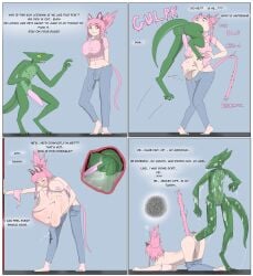 absurd_res anthro big_breasts bodily_fluids breasts clothing cum cum_covered cum_inside cumming_through_clothing deachuu duo excessive_cum excessive_genital_fluids genital_fluids gynomorph hair hi_res human intersex kobold male mammal messy pink_hair stomach_bulge torn_clothing unwilling_pred vore