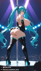 ai_generated alternate_breast_size blue_eyes blue_hair detached_sleeves from_behind gumi_arts hatsune_miku high_heel_boots huge_ass huge_breasts indoors latex lips looking_back naughty_face nipples on_stage platform_footwear stable_diffusion stripper_pole thick_thighs thigh_boots topless twintails vocaloid