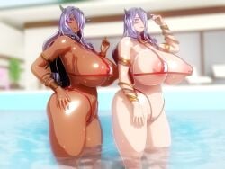 286c 2girls 3d areola_slip areolae armpits bare_arms bare_midriff bare_shoulders bare_thighs bikini breasts camilla_(fire_emblem) curvy dark-skinned_female dark_skin dual_persona female_pubic_hair fire_emblem fire_emblem_fates hair_over_one_eye horns hourglass_figure huge_breasts long_hair looking_at_viewer micro_bikini midriff multiple_girls multiple_persona nintendo nipples outdoors partially_submerged pool pubic_hair pubic_hair_peek purple_hair red_eyes revealing_clothes shoulders sideboob smile thick_thighs thighs underboob voluptuous water wet wide_hips