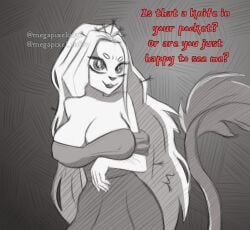 1girls :3 big_breasts breast_lift cat_girl catgirl cleavage clothed dress huge_breasts megapixel8036 monochrome nipples_visible_through_clothing off_shoulder princess_(slay_the_princess) slay_the_princess solo tail text the_witch_(slay_the_princess) tiara very_long_hair watermark