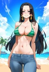 1girls ai_generated bare_arms bare_shoulders beach big_breasts black_hair blue_eyes blush boa_hancock bra clothed clothing color female female_focus female_only geo-san geosan hi_res jeans jewelry large_breasts light-skinned_female light_skin long_hair looking_at_viewer nami_(one_piece)_(cosplay) one_piece sand sea shounen_jump solo solo_female tagme thick_thighs water