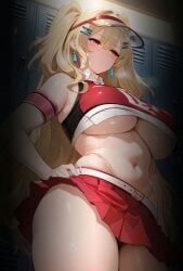 ai_generated bare_legs big_ass big_butt blonde_hair blush cheerleader clay_(nikke) fat_ass gigantic_breasts goddess_of_victory:_nikke horny horny_female huge_breasts huge_thighs light-skinned_female light_skin massive_breasts miniskirt moriaaa pink_eyes restroom solo_female squatting sweat sweatdrop thick_body thick_female thick_thighs thighs twintails voluptuous voluptuous_female