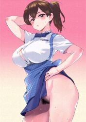 alternate_costume apron asava_(hutaitenn) blue_apron blue_bow blue_bowtie blush bow bowtie breasts brown_eyes brown_hair button_gap collared_shirt dress_shirt employee_uniform female female_only female_pubic_hair gingham_apron glaze_artifacts hand_on_own_hip kaga_(kantai_collection) kantai_collection kobeya_uniform large_breasts lifting_own_clothes long_hair no_panties open_clothes open_mouth open_shirt plaid_apron plaid_clothes pleated_shirt pubic_hair shirt side_ponytail simple_background solo solo_female sweat uniform waitress white_shirt