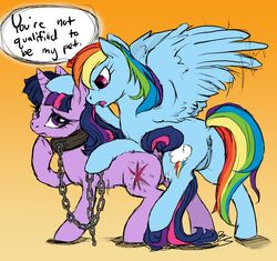 anatomically_correct anatomically_correct_pussy anus buttercup_saiyan chains collar cutie_mark duo equine equine_pussy female feral friendship_is_magic horn horse leash monochrome my_little_pony open_mouth pegasus petplay plain_background pony puffy_anus pussy pussy_juice rainbow_dash_(mlp) rubbing slave text twilight_sparkle_(mlp) unicorn wing_boner wings yuri