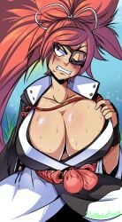 angry_expression baiken big_breasts blush cleavage clothed embarrassed guilty_gear huge_breasts pointy_chin ponytail radlionheart scar sweat sweatdrop sweaty sweaty_breasts