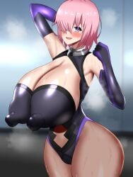 1girls bare_shoulders big_breasts big_nipples blush breasts cleavage cleavage_cutout covered_nipples exposed_shoulders fate/grand_order fate_(series) female females gigantic_breasts hair_over_one_eye huge_breasts large_breasts mashkyrielight open_mouth pink_hair purple_eyes solo solo_female sweat sweatdrop tight_clothing tokuchur_18