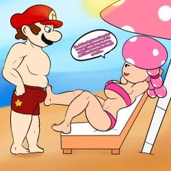 1boy 1girls beach boner breasts bulge chair dialogue duo erection facial_hair feet female hat laying_on_back looking_at_another male mario mario_(series) nintendo ocean outdoors seducing soulyagami64 tagme toadette umbrella