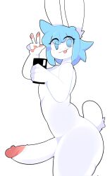 blue_eyes blue_hair bluecarrotdick bunny femboy huge_cock hung_trap lagomorph peace_sign phone rabbit selfie tongue_out white_body