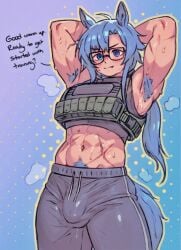 abs arknights armpit_hair armpits bare_midriff blue_hair blushing bulge bulge_through_clothing caffichai catgirl cock_bulge dialogue english_text fang_(arknights) futa_only futanari glasses happy_trail muscular musk_clouds pubic_hair solo sweatpants sweaty text