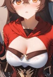 ai_generated amber_(genshin_impact) breasts breasts_focus brown_hair brown_hair cleavage close-up corset female genshin_impact light-skinned_female light_skin medium_breasts nai_diffusion perky_breasts stable_diffusion