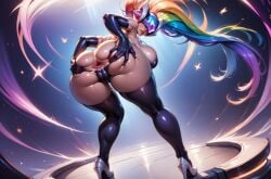 1girls ai_generated anus ass ass_focus ass_grab big_breasts breasts cameltoe dj_sona green_hair high_heels league69 league_of_legends long_hair looking_back rainbow_hair solo sona_buvelle spread_ass spreading