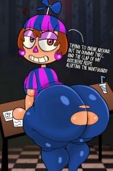 animatronic ass_focus ass_window chubby_female clothed female female_only five_nights_at_freddy's five_nights_at_freddy's_2 flirting huge_ass jj_(fnaf) looking_at_viewer public public_exposure red_eyes revealing_clothes ripped_clothing robot robot_girl shortstack smiling table tearing_clothes teasing thick_thighs