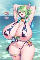 beach bikini ceres_fauna cow_print embarrassed green_hair hololive hololive_english horns huge_ass huge_breasts supersatanson thick_thighs virtual_youtuber water