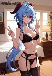 ahoge ai_generated bangs bare_arms bare_shoulders bed black_bra black_garter_belt black_panties black_thighhighs blue_hair bow bow_bra bra breasts cleavage closed_mouth collarbone cowboy_shot double_v female ganyu_(genshin_impact) garter_belt genshin_impact goat_horns hair_between_eyes hands_up horns indoors lace-trimmed_bra lace_trim lamp lingerie long_hair looking_at_viewer low_ponytail medium_breasts navel panties pikkiwynn pillow plant purple_eyes sidelocks smile solo standing stomach thighhighs thighs underwear underwear_only v very_long_hair window