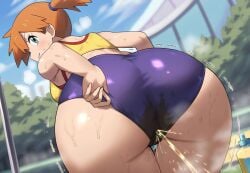 1girls ai_generated ass ass_focus big_butt dat_ass fat_ass female female_only game_freak gigantic_ass golden_shower green_eyes gym_clothes gym_uniform huge_breasts huge_thighs human in_search_of_holy_water kasumi_(pokemon) large_breasts light-skinned_female light_skin looking_back nintendo orange_hair peeing pokemon ponytail smiling solo squatting thick_thighs thighs urinating urinating_female urination urine voluptuous voluptuous_female