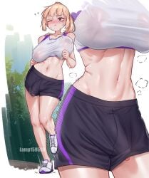 abs big_breasts big_penis blonde_hair blush breasts exercise_clothing futanari lamp_(artist) nipples_visible_through_clothing penis penis_through_clothing workout