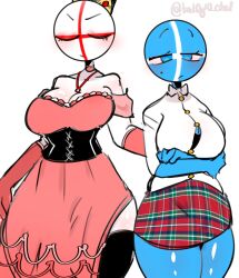 2girls arms_folded big_breasts black_bra black_thighhighs blue_body cleavage closed_eyes countryhumans countryhumans_girl crown dress elbow_gloves england_(countryhumans) gloves kak0yt0_chel necklace scotland_(countryhumans) shirt skirt standing thick_thighs thighhighs white_body white_shirt