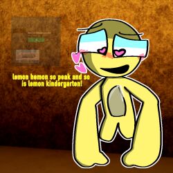 background big_hands legless lemon lemon_hemon(lemon_kindergarten) lemon_kindergarten male_only mascot precum roblox roblox_game tentacle_dick text yellow_body