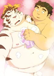 2024 anthro arufina_w balls bathing belly big_belly blush chubby_protagonist_(tas) duo felid genitals hi_res human human_on_anthro interspecies kemono licho_(tas) lifewonders male male/male mammal moobs nipples overweight overweight_male pantherine penis protagonist_(tas) tiger tokyo_afterschool_summoners white_body