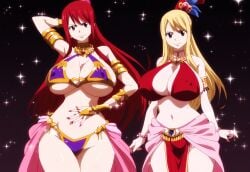 2girls accessory ai_generated alternate_costume bikini blonde_hair breasts brown_eyes curtains dancer erza_scarlet fairy_tail female hourglass_figure huge_breasts lucy_heartfilia mullon novelai red_hair sparkles stage top_heavy voluptuous voluptuous_female