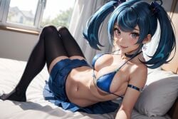 ai_generated bikini blue_angel_(yu-gi-oh) blue_eyes blue_hair female garter_belt garter_straps miniskirt sole_female stockings white_skin yu-gi-oh!_vrains