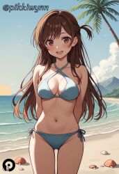 :d ai_generated arms_behind_back ass_visible_through_thighs bangs bare_shoulders beach bikini blue_bikini blush braid breasts brown_eyes brown_hair cleavage cloud collarbone cowboy_shot criss-cross_halter day female halterneck kanojo_okarishimasu long_hair looking_at_viewer medium_breasts mizuhara_chizuru navel ocean one_side_up open_mouth outdoors palm_tree pikkiwynn shell side-tie_bikini_bottom sky smile solo stomach swimsuit thighs tree